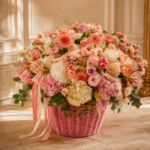 Close-up of premium hydrangeas, scented lilies, roses and eustomas in the Villa Rosé arrangement