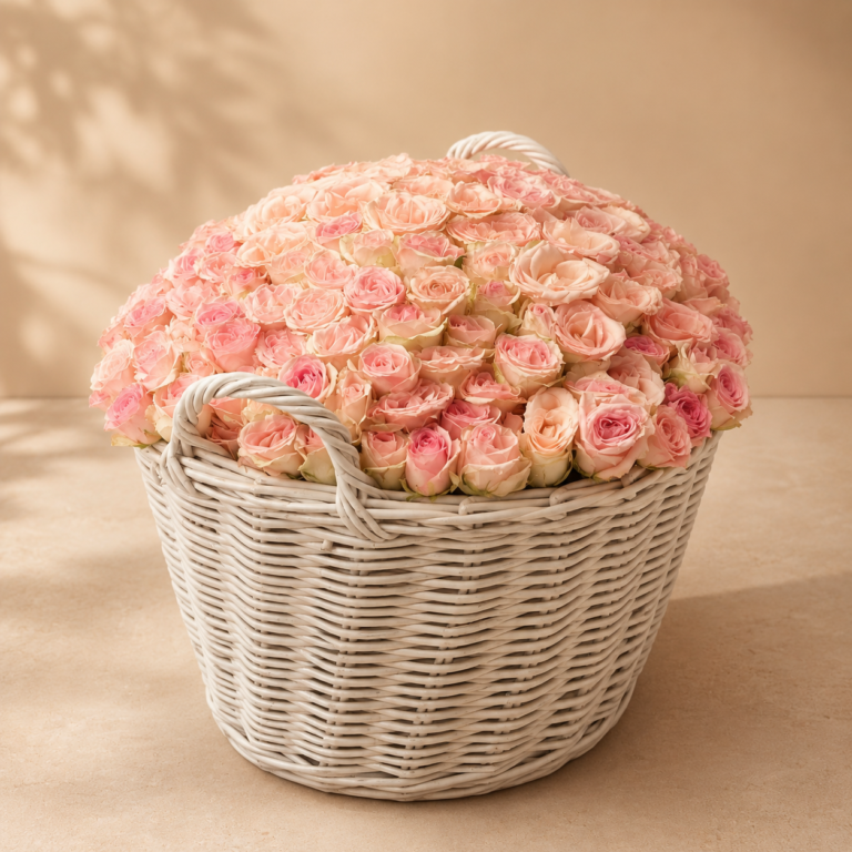Front view of a luxury basket filled with 151 premium pink roses