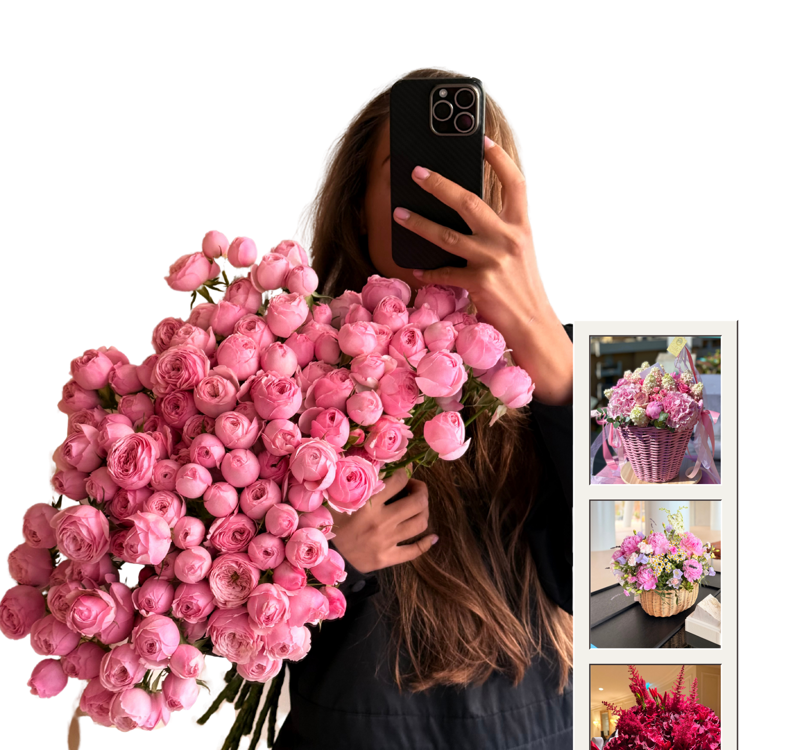 ABOUT Девушка держит огромный букет роз, фон чёрный и стильный, всё о цветах.