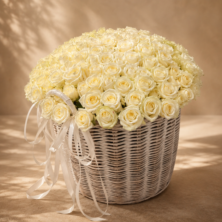 Blanc Majesté luxury basket with 201 white Dutch roses in Monaco