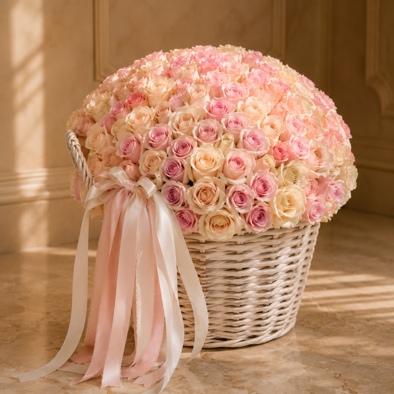 Champagne Roses basket with 201 premium ivory, cream and blush roses