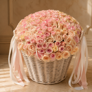 201 champagne roses basket with premium ivory, cream and soft peach roses