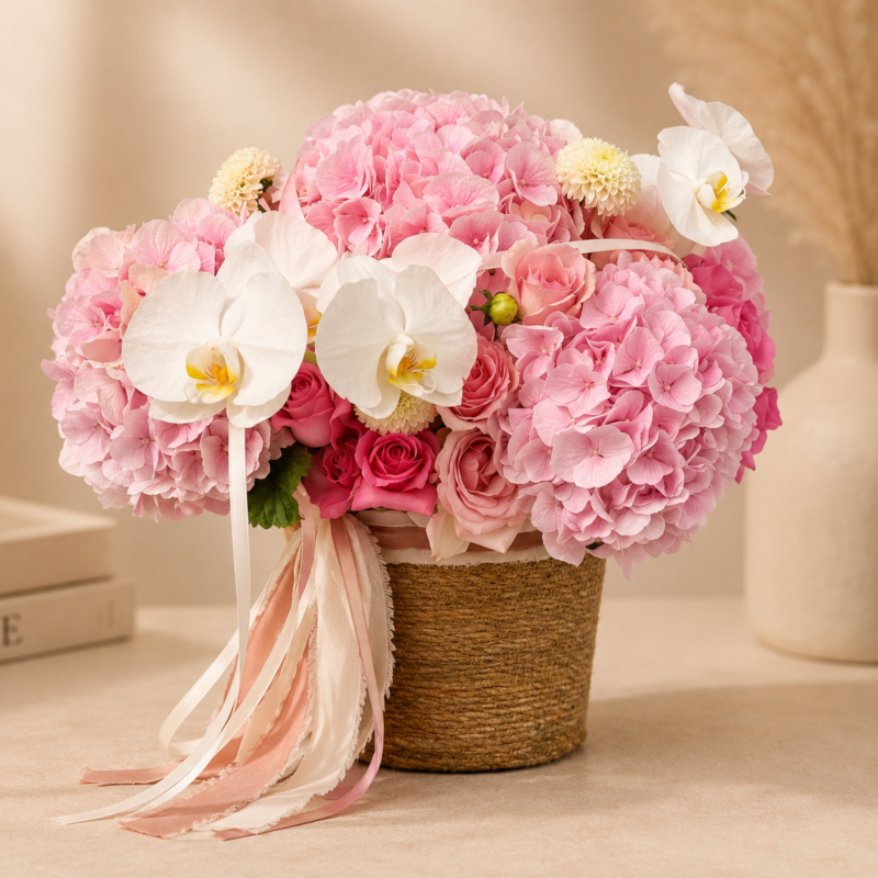 Douceur Florale seasonal flower basket Monaco with hydrangeas, dahlias, orchids and roses