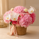 Close-up of hydrangeas, dahlias, orchids and roses in the Douceur Florale arrangement
