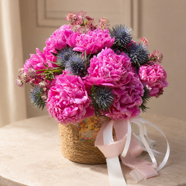 Éclat de Pivoines pink peony basket with blue thistle for Monaco delivery