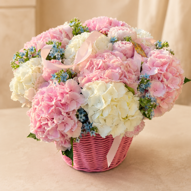 Marshmallow Bloom hydrangea and peony basket for luxury delivery in Monaco