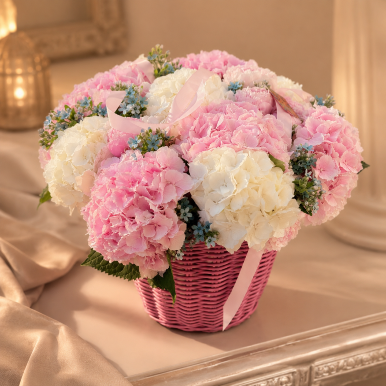 Front view of the Marshmallow Bloom pastel hydrangea and peony basket