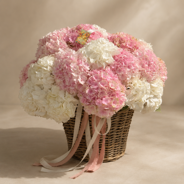 Premium hydrangea basket with blush and white flowers for Monaco delivery