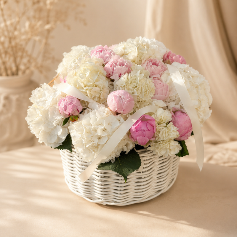 Pure Cloud white hydrangea and peony basket for luxury delivery in Monaco