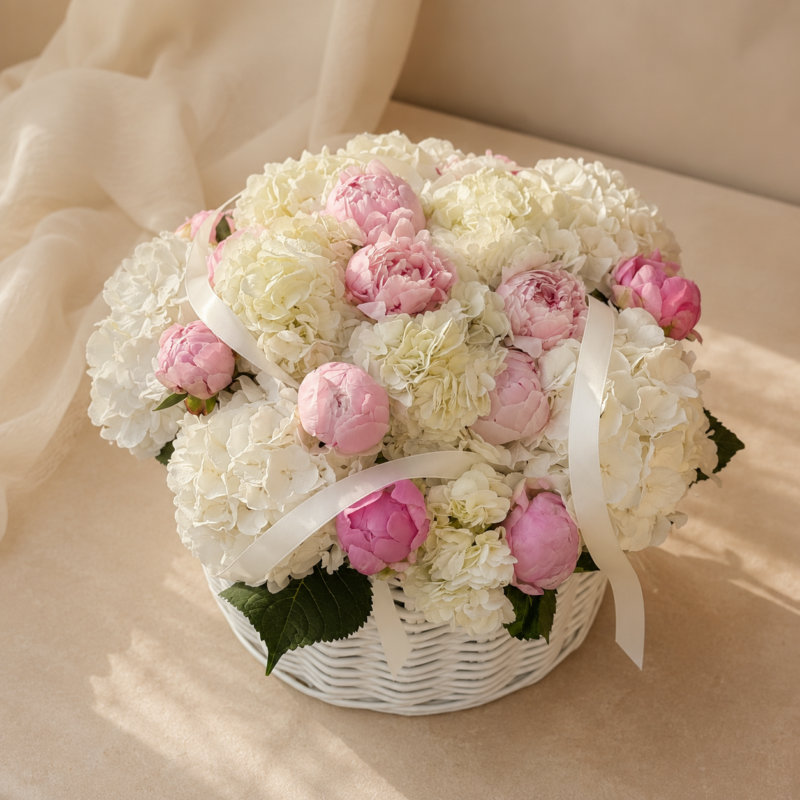 Front view of the Pure Cloud basket with white hydrangeas and pink peonies