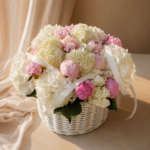 Pure Cloud – White Hydrangea and Peony Basket - Image 3