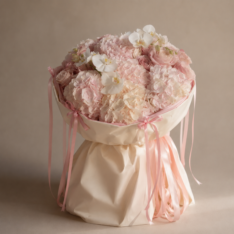 Tendresse luxury pink hydrangea bouquet with English roses and white orchids