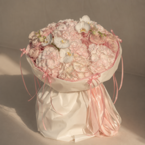 Close-up of premium English roses, hydrangeas and elegant white orchids