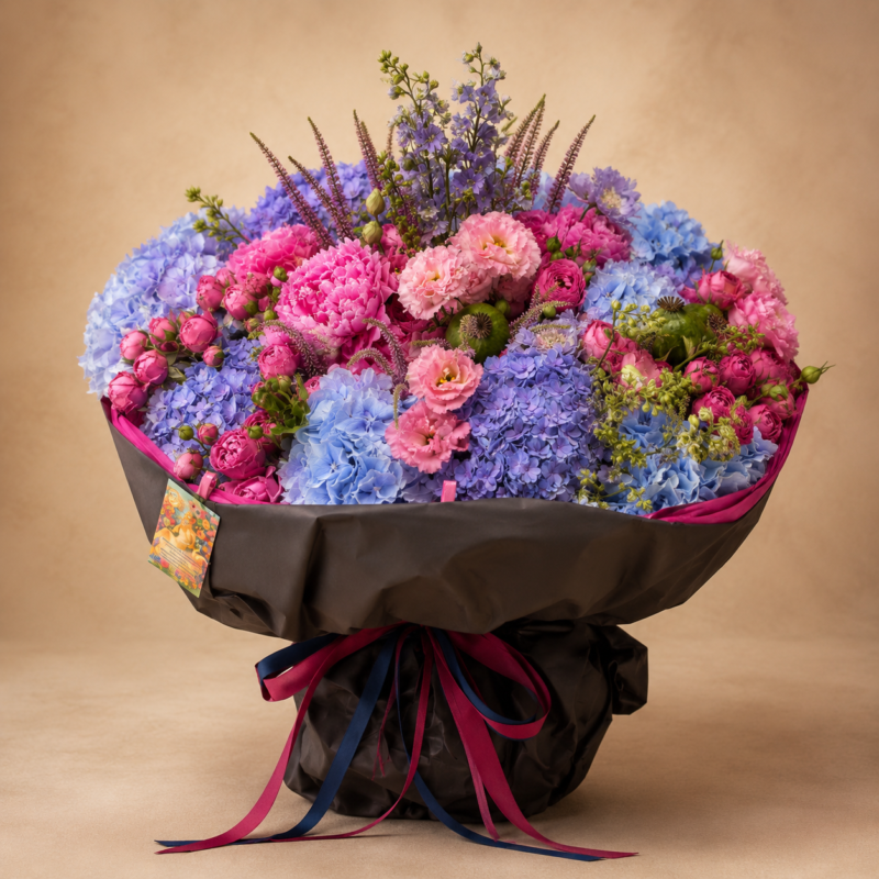 The Prestige seasonal hydrangea bouquet delivered in a glass vase in Monaco