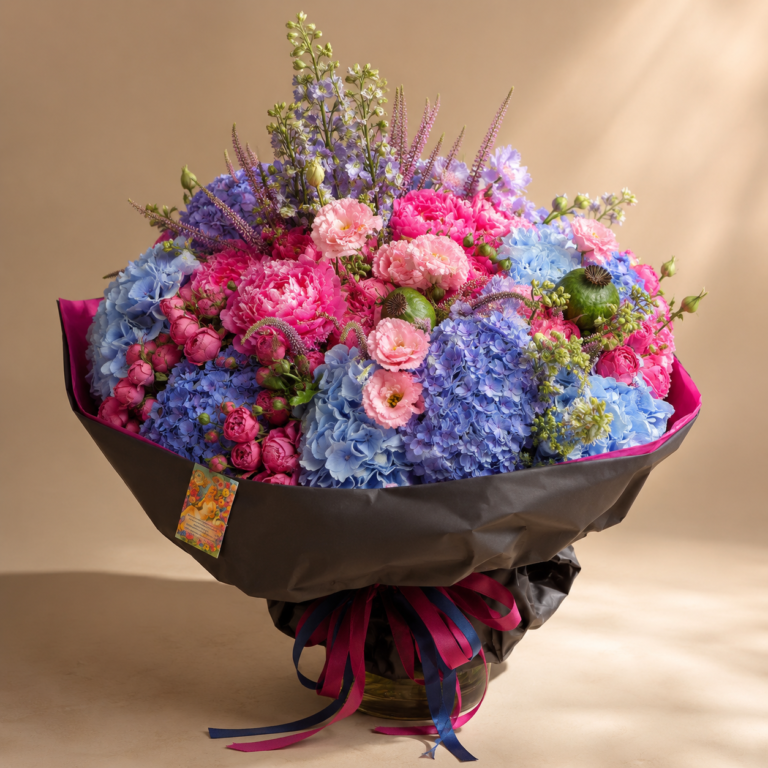 Front view of The Prestige Bouquet with hydrangeas and premium seasonal flowers