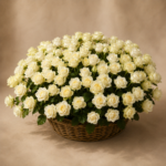 Side view of Éclat Blanc, a luxury basket arrangement of 151 white roses in Monaco
