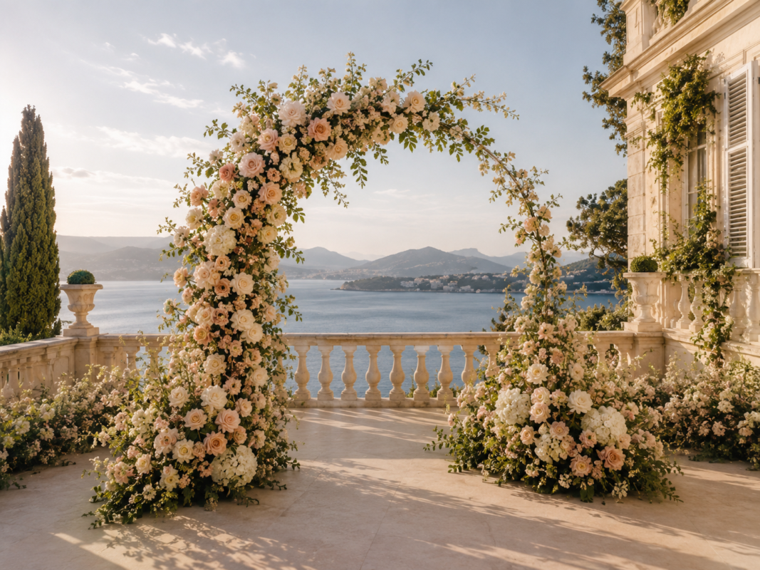 Asymmetrical wedding floral arch with ivory roses and Mediterranean greenery