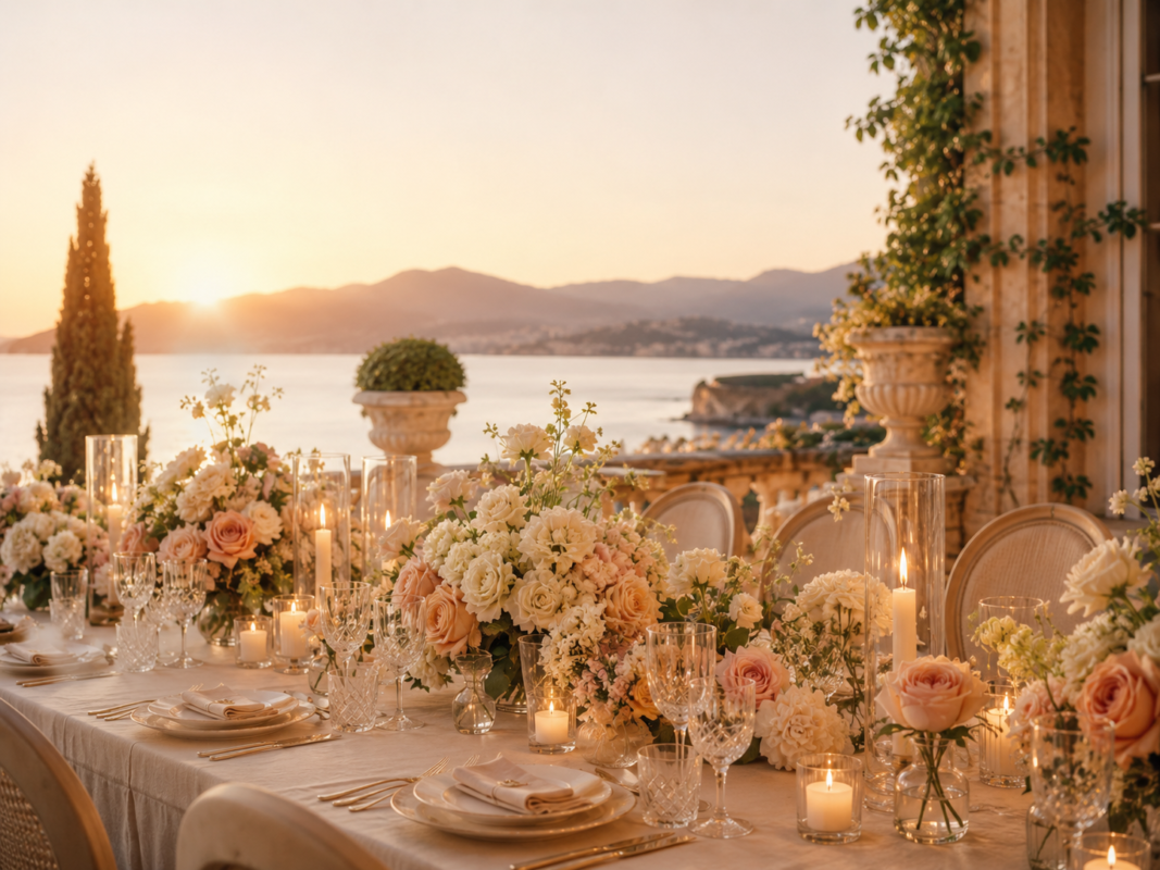 Luxury wedding reception flowers with blush centrepieces and candlelit table styling