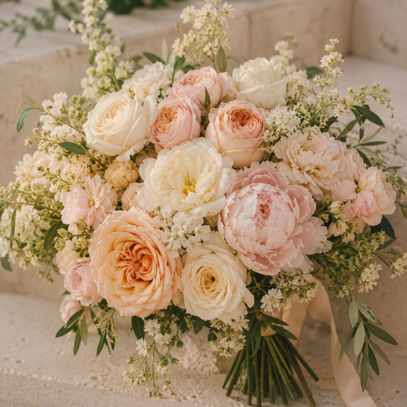 Bespoke bridal bouquet with garden roses, peonies and soft seasonal flowers