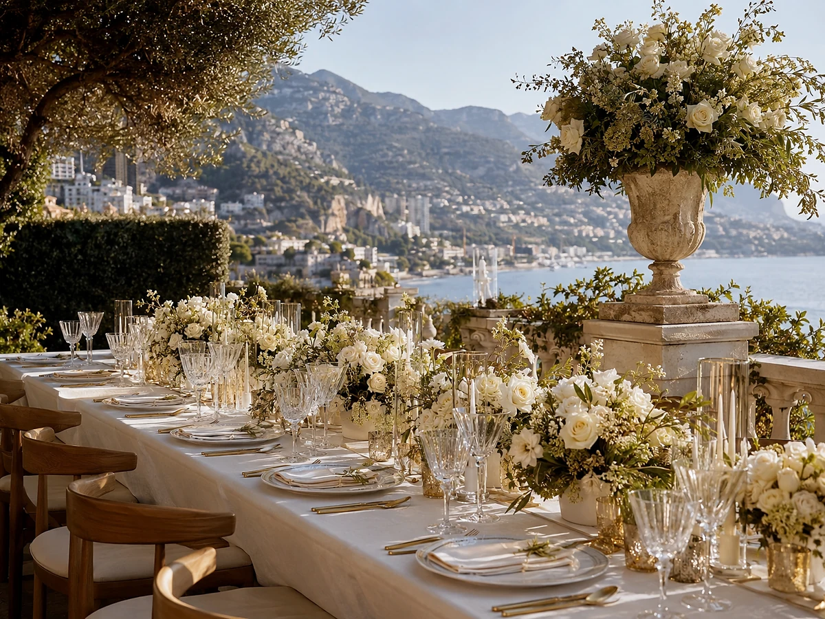 Bespoke event tablescape with white flowers overlooking the Côte d’Azur