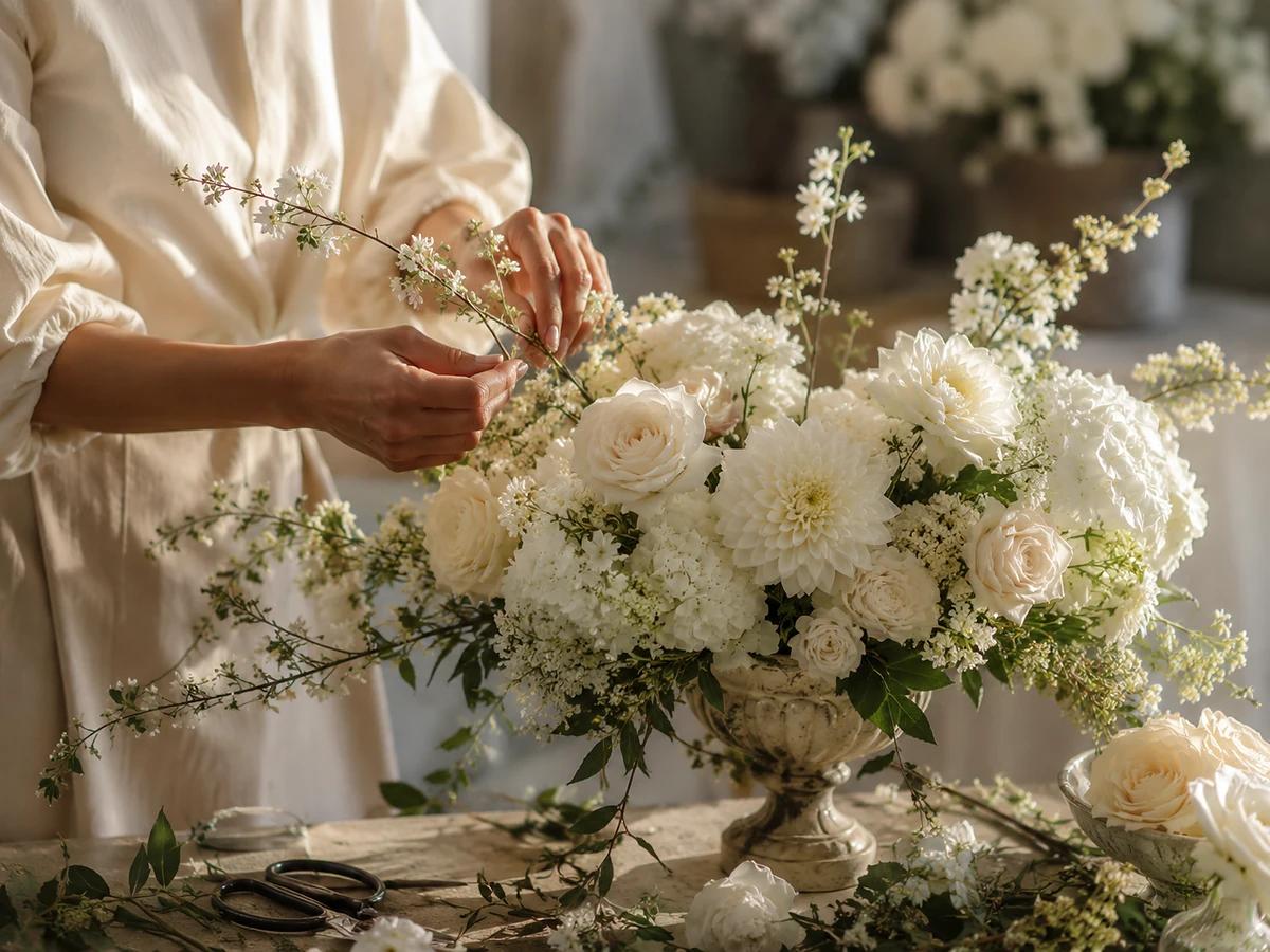 Florist arranging white roses and hydrangeas in a luxury floral atelier