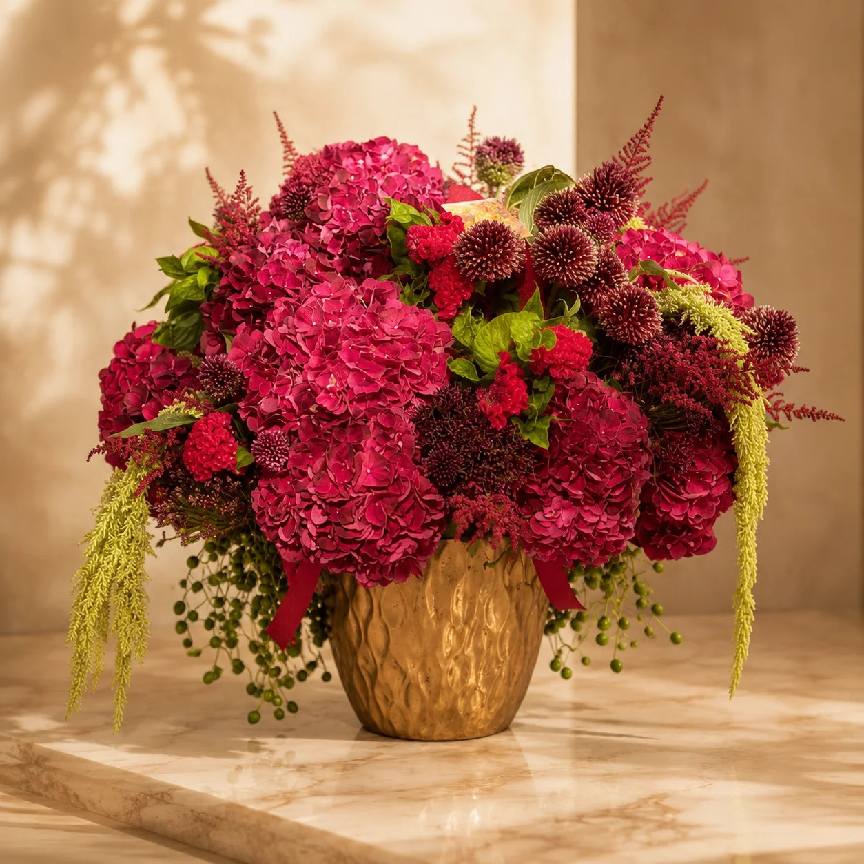crimson-medusa-gold-vase-1 Crimson Medusa luxury exotic flower arrangement in gold vase by Saint Barbara Flowers