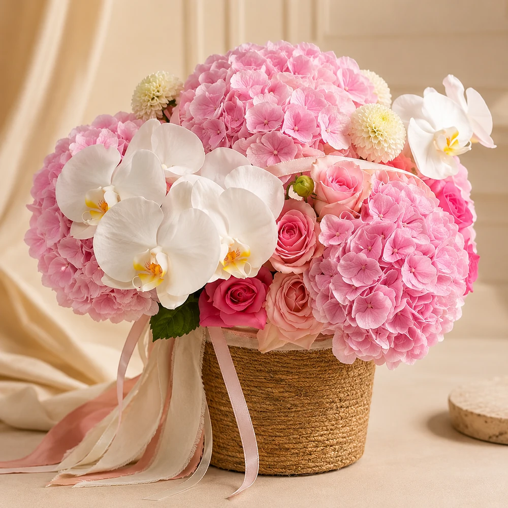 Douceur Florale pink hydrangea, orchid and rose flower basket