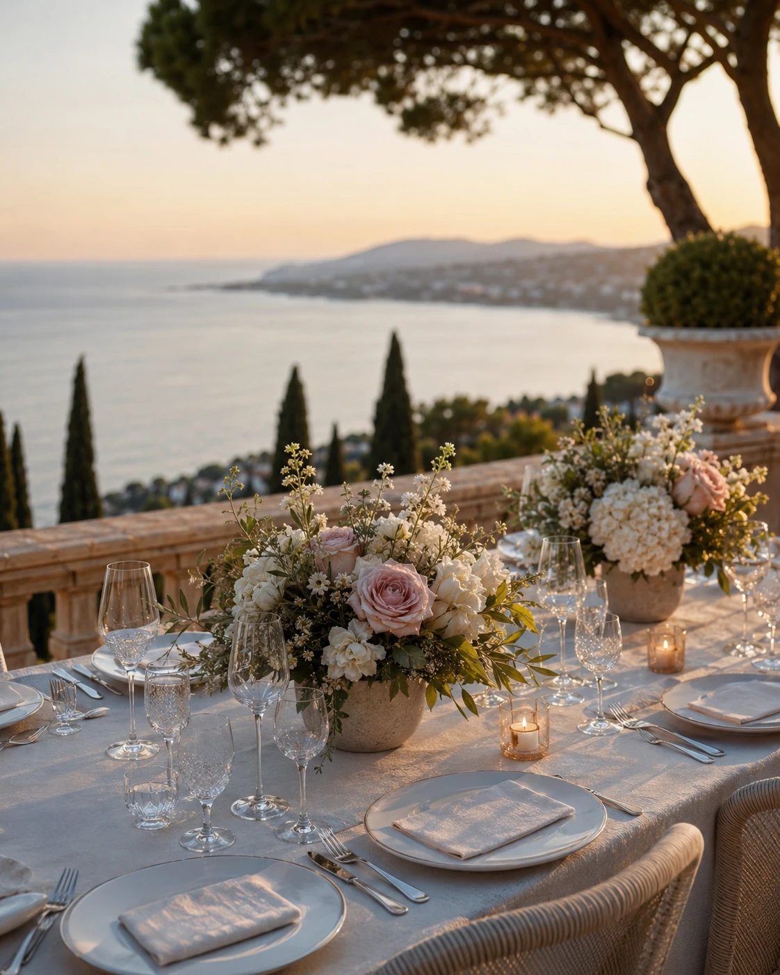 Luxury event floral design for a private dinner on the French Riviera