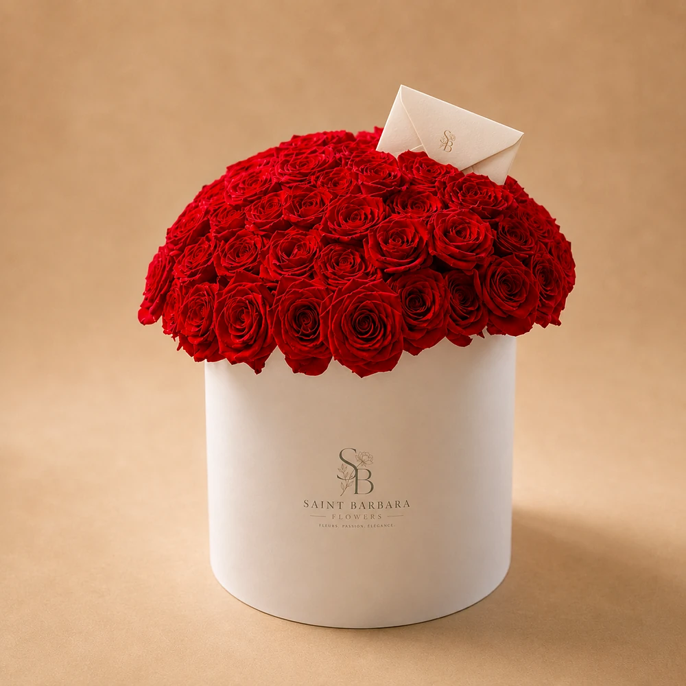 Saint Barbara Flowers white flower box with red roses and branded envelope