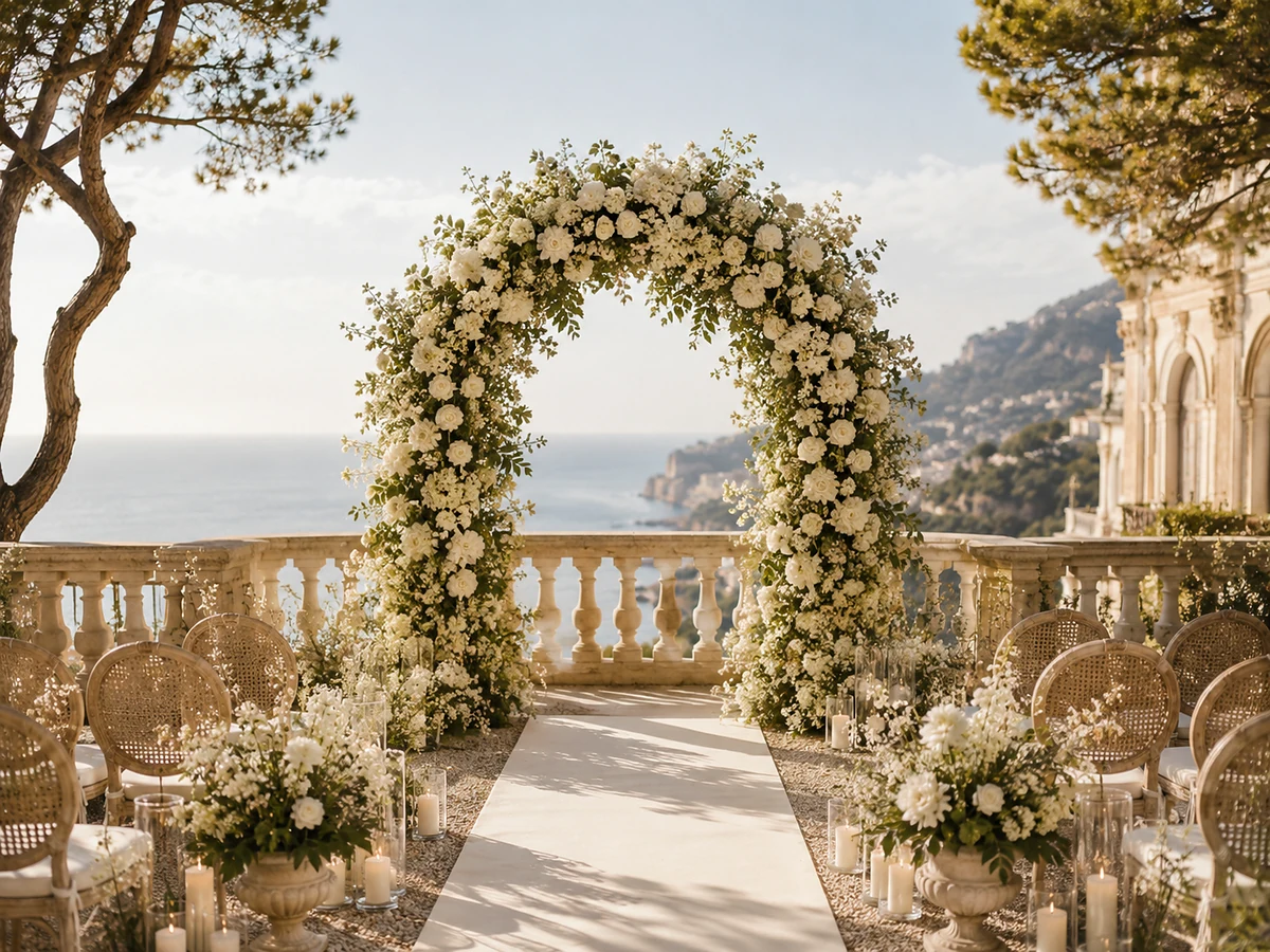 Luxury wedding floral arch overlooking the Mediterranean on the French Riviera