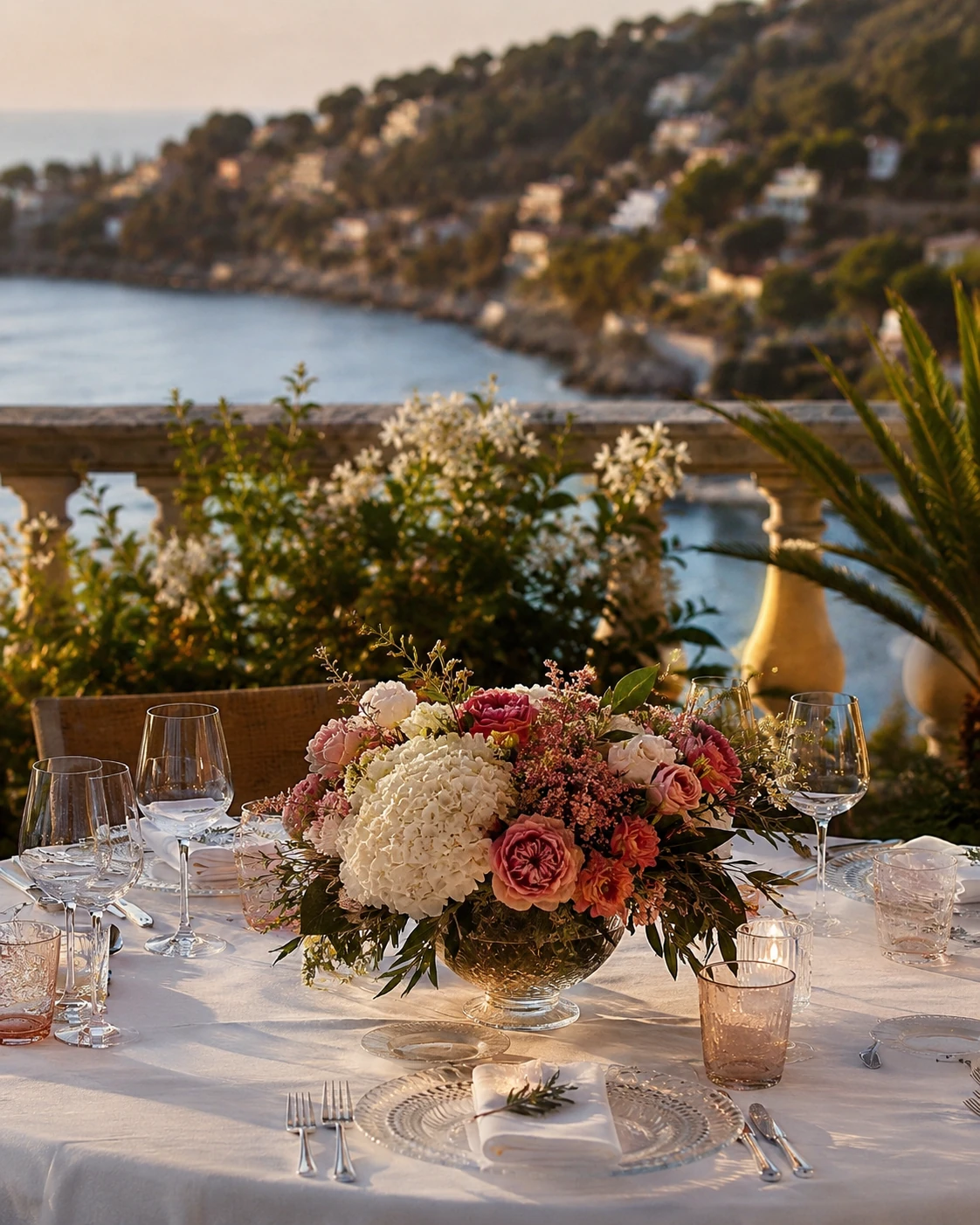 Elegant French Riviera event table with luxury flower arrangements