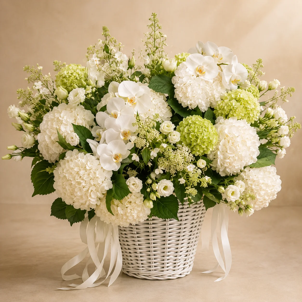 The Secret White Garden luxury white hydrangea, orchid and rose basket by Saint Barbara Flowers