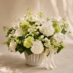 Luxury white hydrangea flower basket side view by Saint Barbara Flowers
