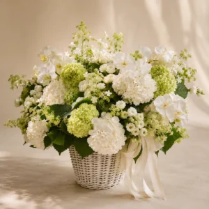 Luxury white hydrangea flower basket side view by Saint Barbara Flowers