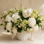 The Secret White Garden white hydrangea basket detail by Saint Barbara Flowers