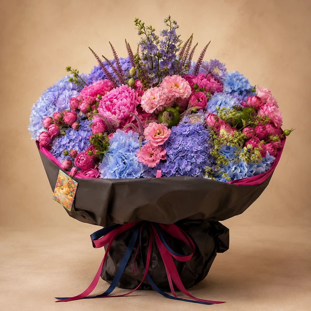 The Prestige Bouquet with blue hydrangeas and pink seasonal flowers