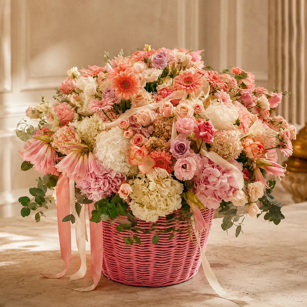 Villa Rosé luxury pink seasonal flower basket by Saint Barbara Flowers