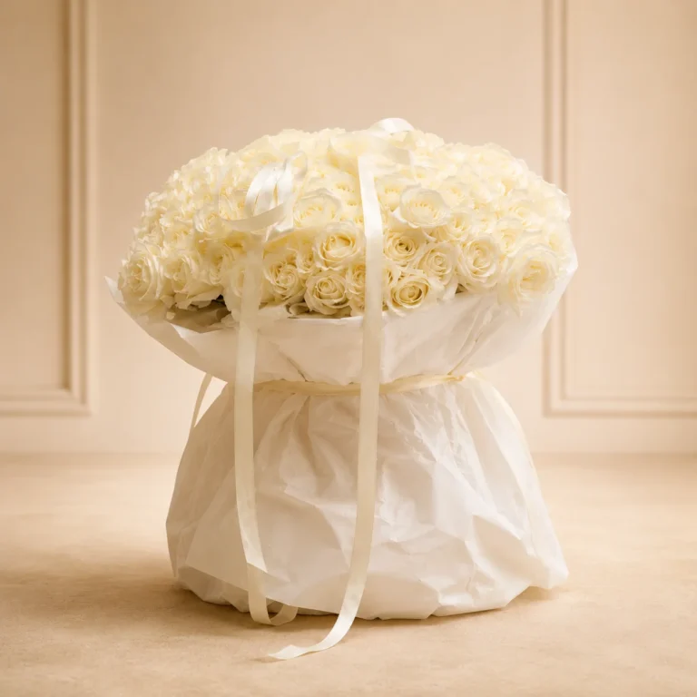 White Majesty luxury arrangement of 201 premium white roses side view