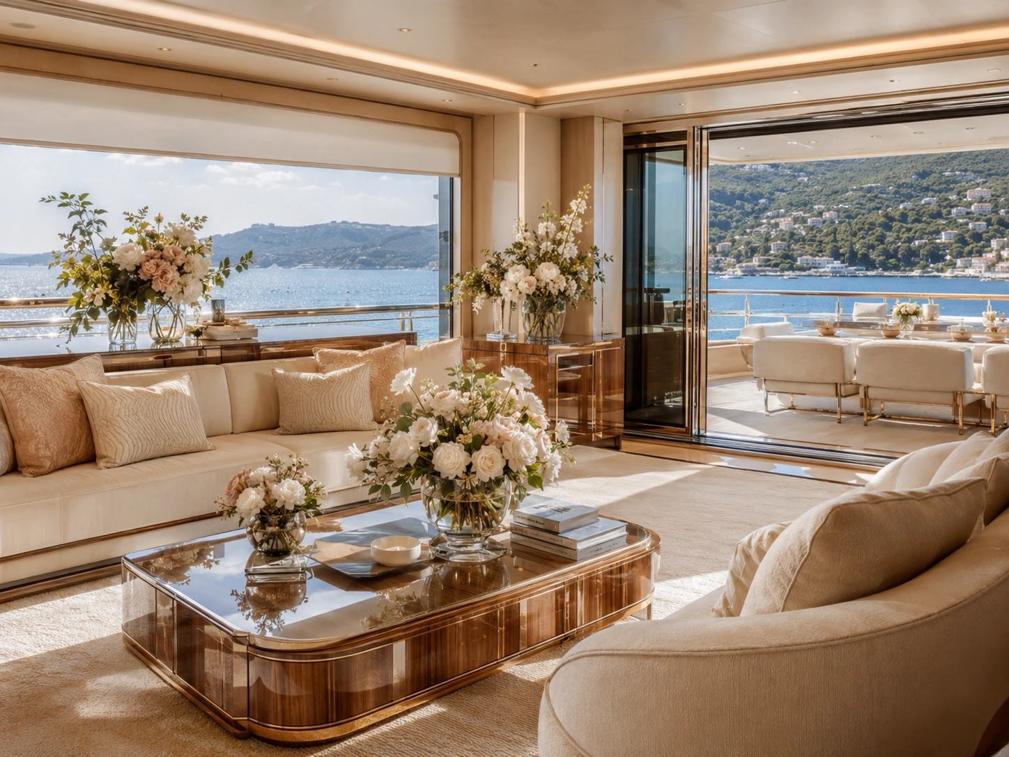Bespoke white and blush yacht flowers styled in a luxury main salon on the French Riviera
