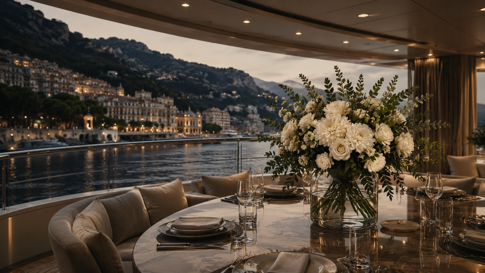 Luxury yacht dining setting with white flowers in Monaco