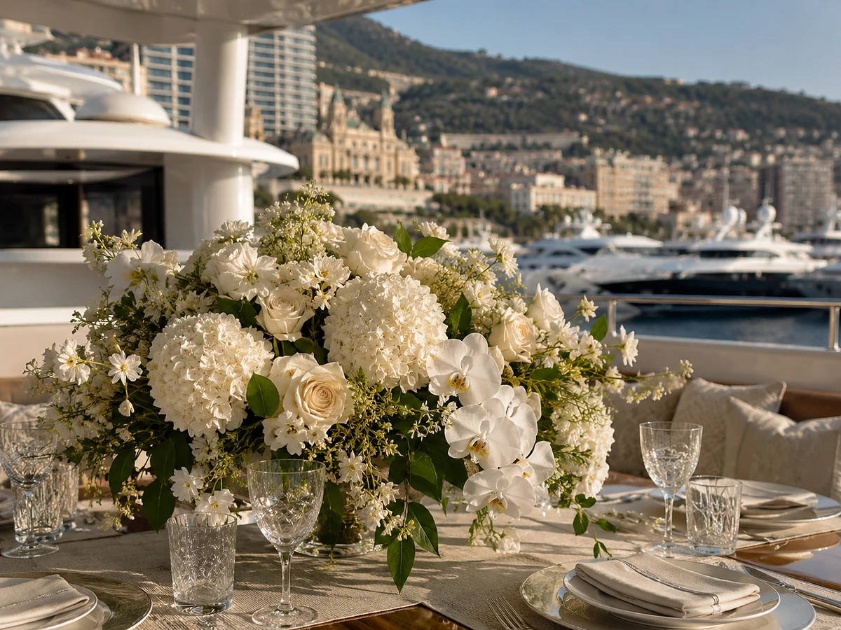 Luxury yacht dining table with white floral styling in Monaco