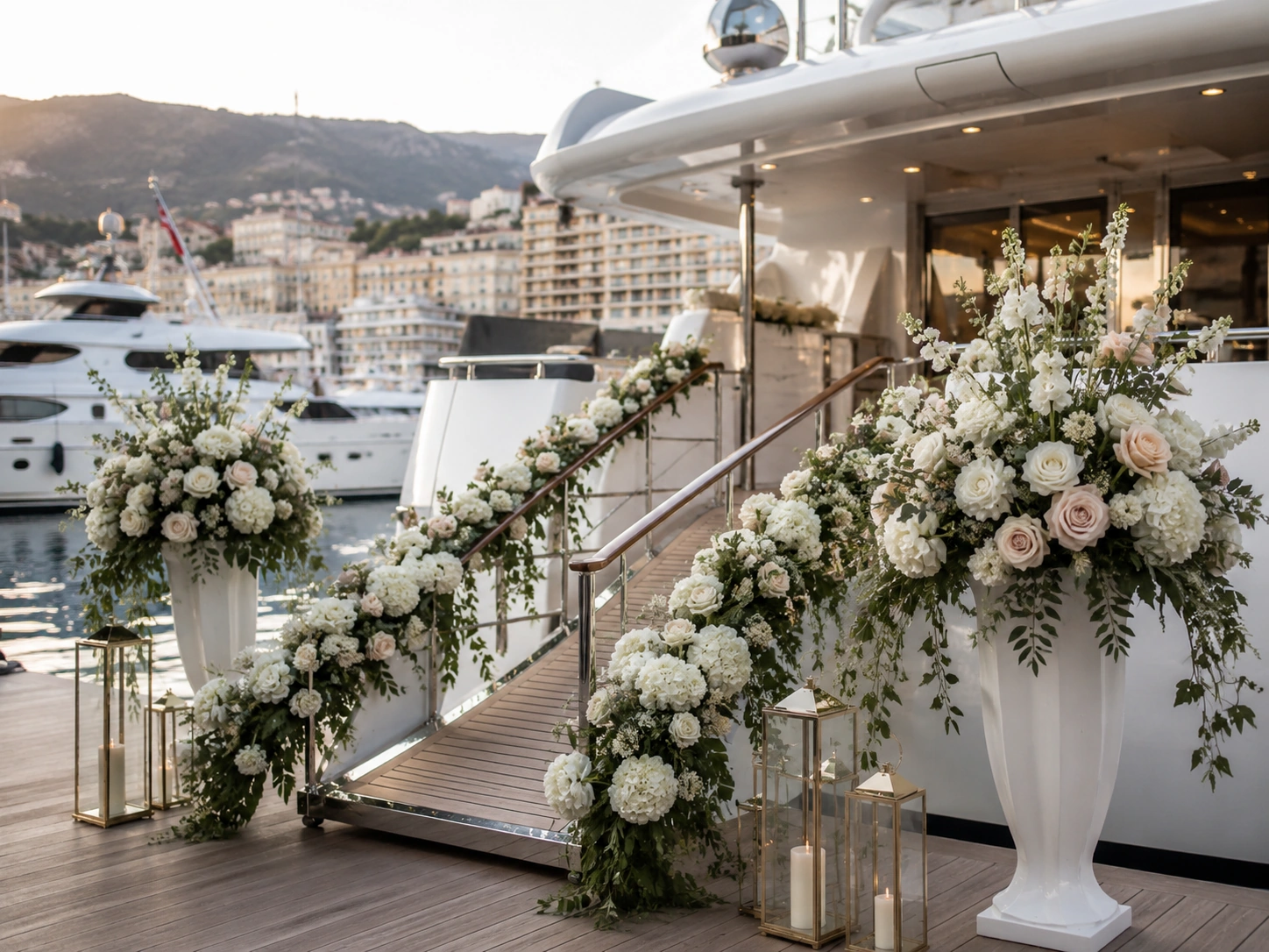 White and blush yacht flower arrangements installed at a luxury yacht entrance in Monaco