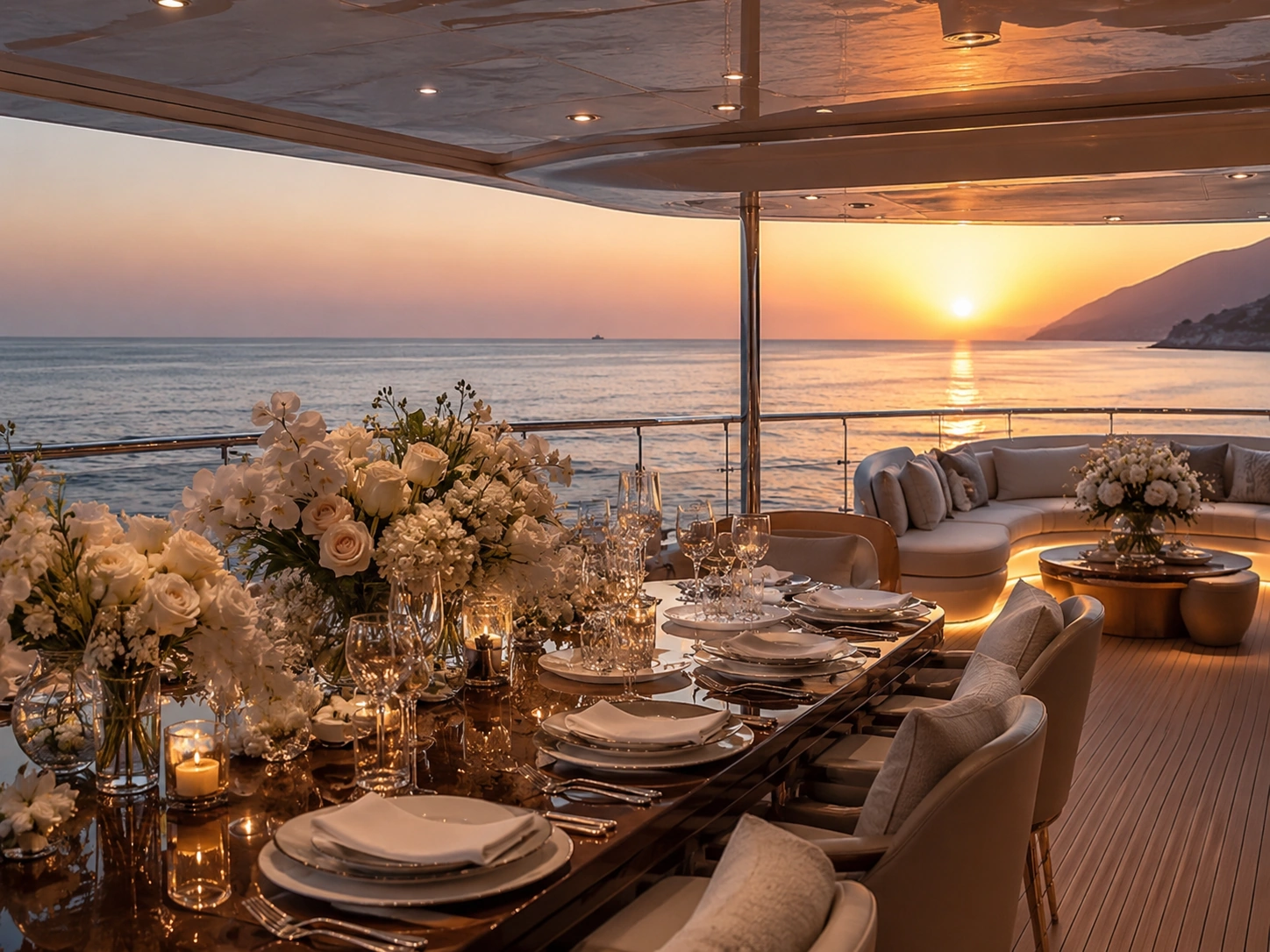 Sunset yacht deck styled with white flowers against a Mediterranean coastal backdrop