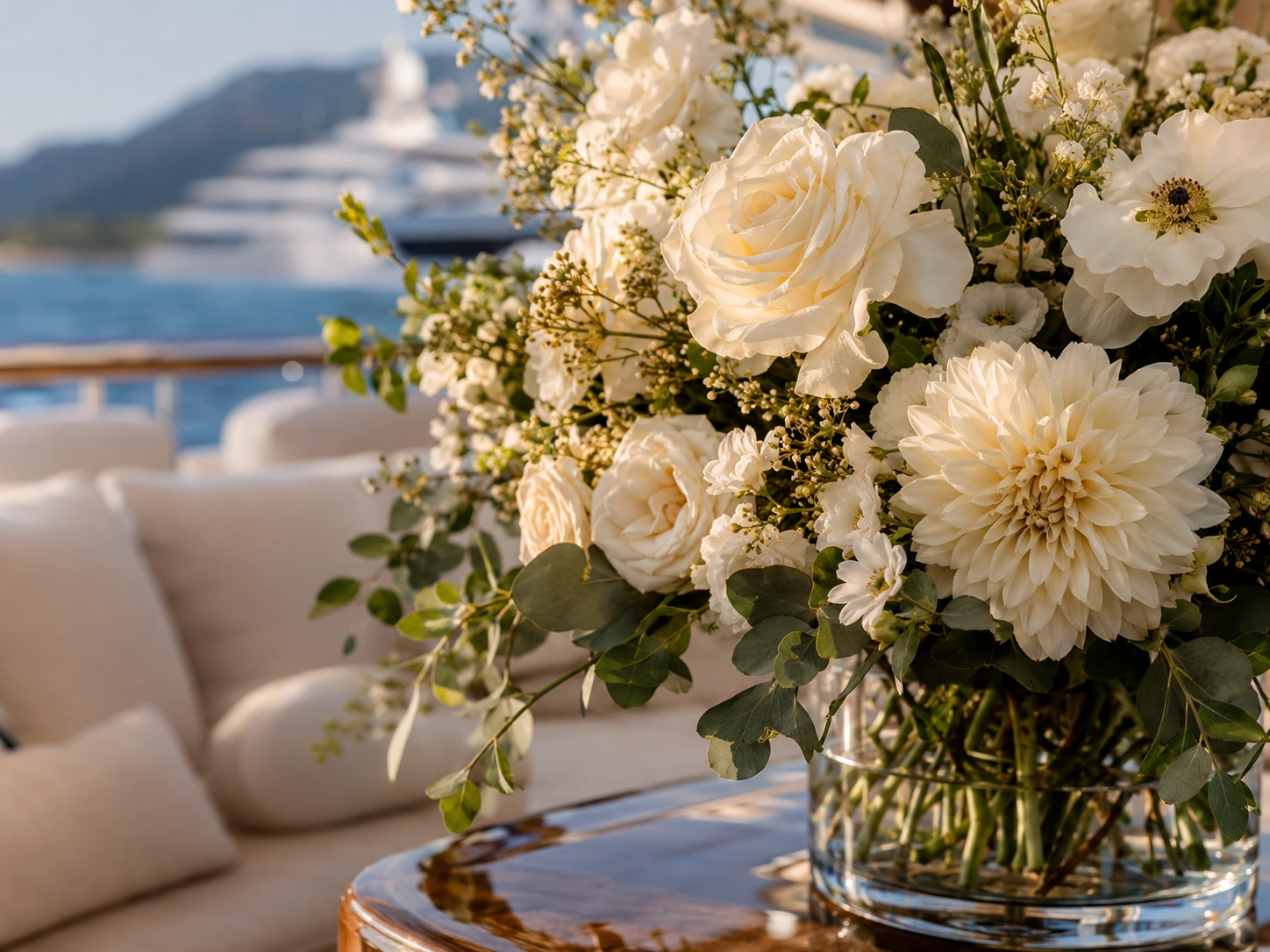 White yacht flowers displayed on deck with superyachts and French Riviera sea views