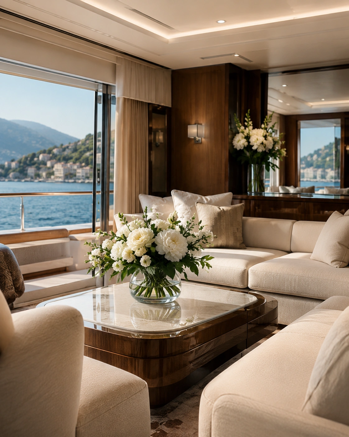 Elegant white flowers styled in a yacht main salon overlooking the Mediterranean