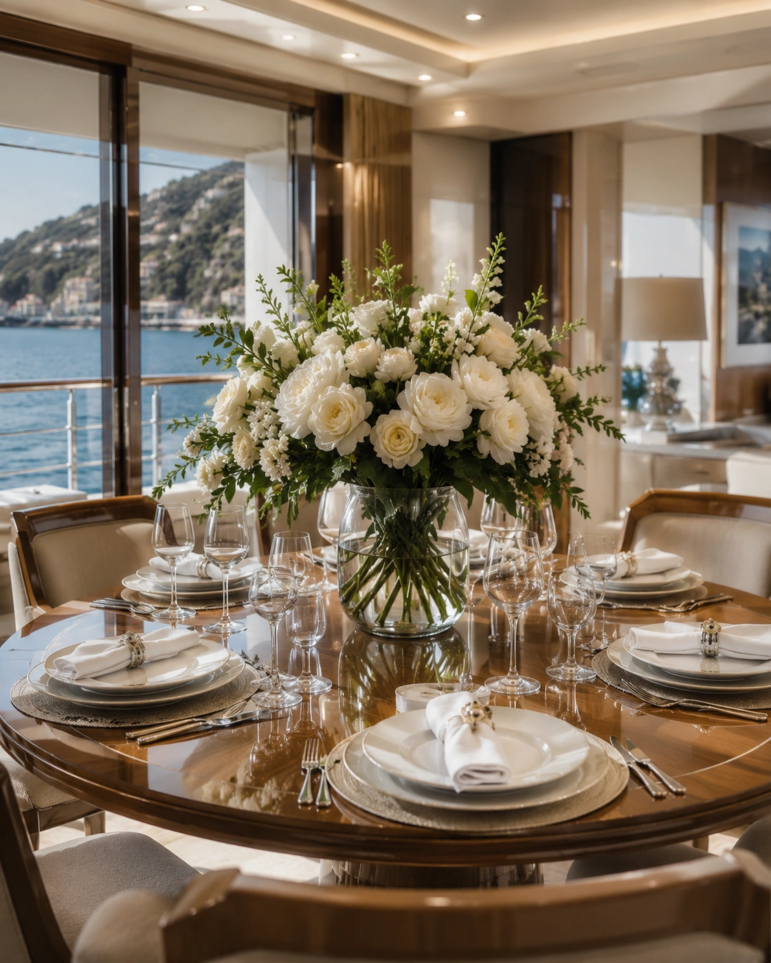 Low-profile yacht dining table flowers prepared for elegant onboard entertaining