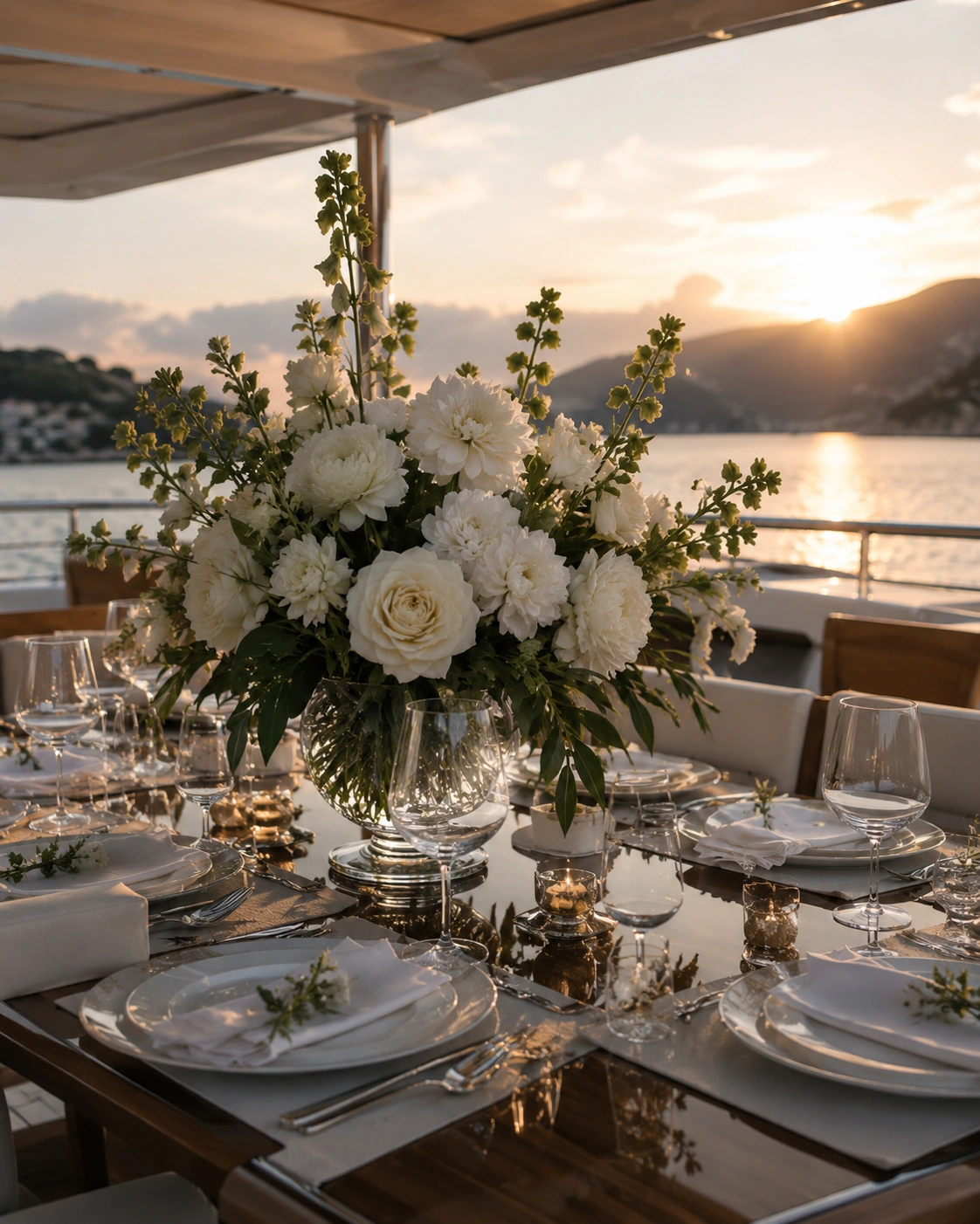 Bespoke yacht event floristry for a sunset dinner and private celebration on the French Riviera
