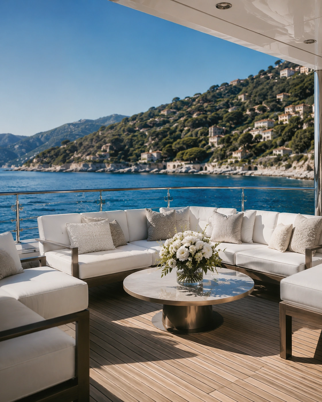 Secure white floral arrangement designed for an exterior superyacht deck