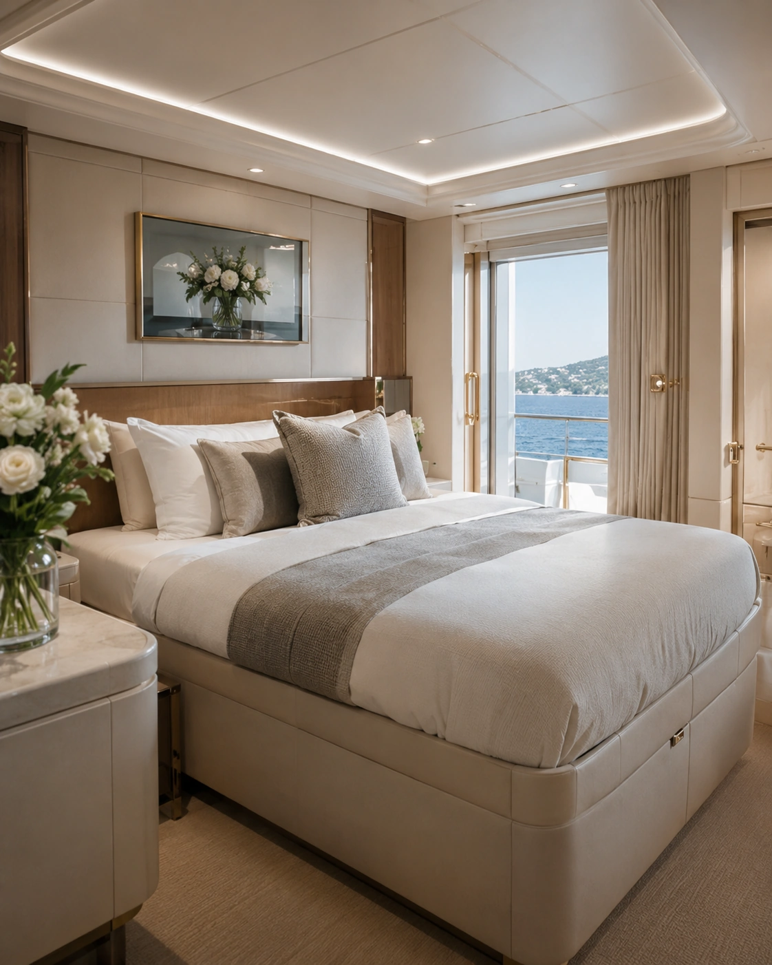 Fresh floral arrangement styled inside a luxury yacht guest cabin on the French Riviera