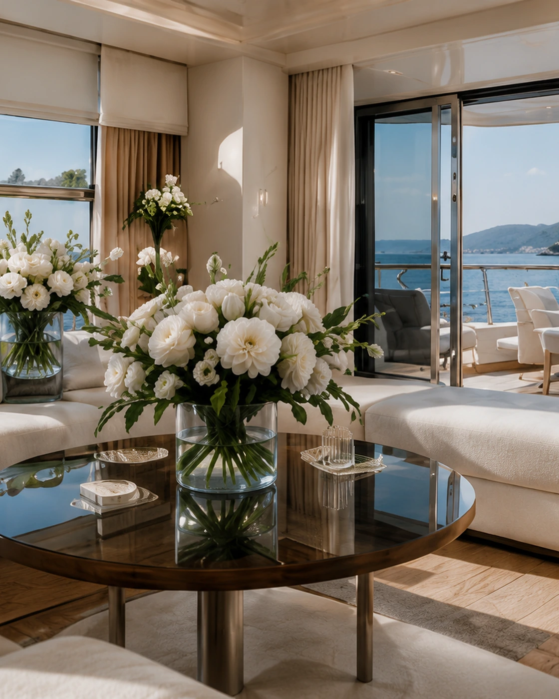 Luxury yacht salon with refined white floral arrangements